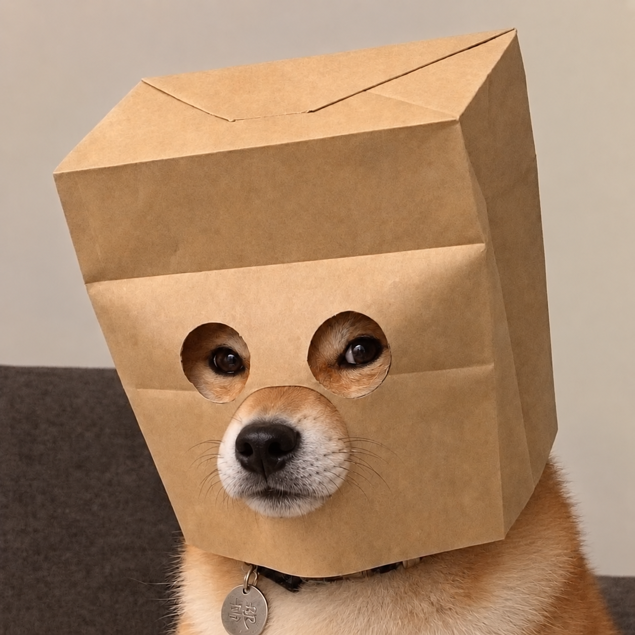 Shiba Inu wearing an anonymous paper-bag mask